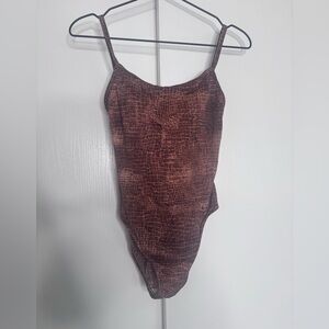 Vintage Cherokee One-Piece Swimsuit Brown Snakeskin Print Built-In Cups – Size 8